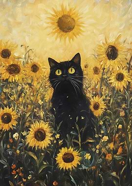 Black Cat in Sunflower Field