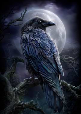 Raven Perched Under Moonlight