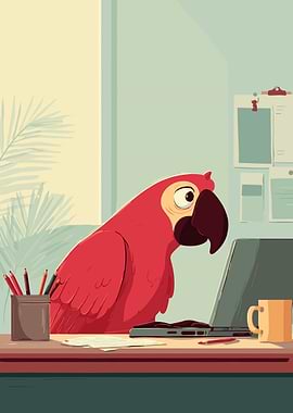 Cartoon Parrot Working on Laptop
