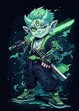 Cartoon Oni Warrior with Swords