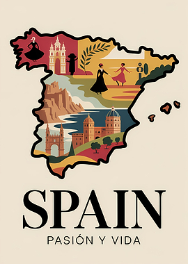 Spain: Pasión y Vida Map Illustration