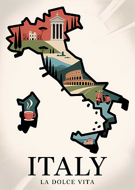 Italy Map with Landmarks and Vespa