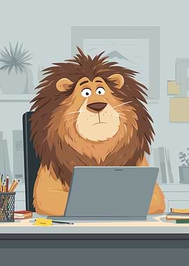 Cartoon Lion Working on Laptop