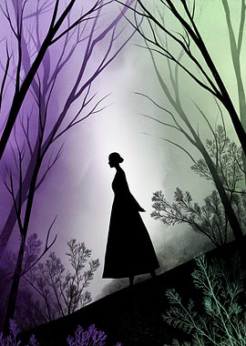Silhouette in Forest with Purple and Green