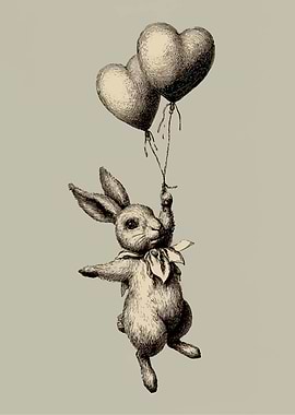 Vintage Bunny with Heart Balloons Illustration