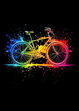 Explosive Neon Bicycle Art – Rainbow Color Splash Cycling Poster on Black
