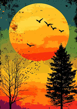 Sunset Landscape with Birds and Trees