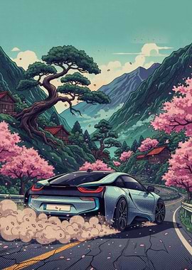 Car drifting through Japanese cherry blossoms
