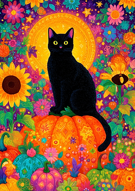 Black Cat on Pumpkin Patch