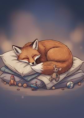 Sleeping Fox on Pillows with Toys