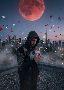 Man with Soccer Ball and Red Moon