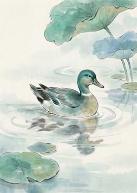 Duck in Pond Watercolor Painting