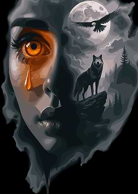 Woman, Wolf, and Raven Digital Art