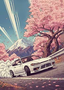 White Car Drifting Under Cherry Blossoms