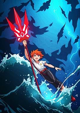 Anime Boy with Trident in Ocean