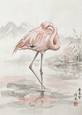 Watercolor Flamingo in Misty Landscape