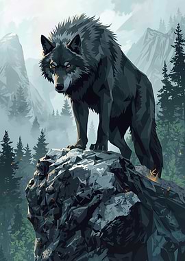 Geometric Lone Wolf on Mountain Peak - Stylized Digital Wolf Art