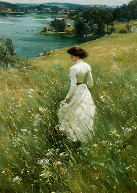 Woman in White Dress by Lakeside