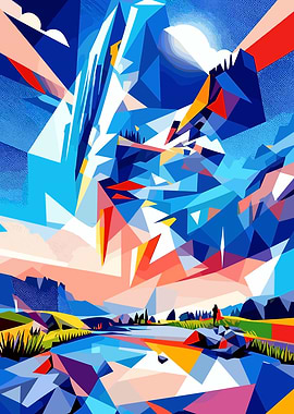 Abstract Mountain Landscape with Geometric Shapes