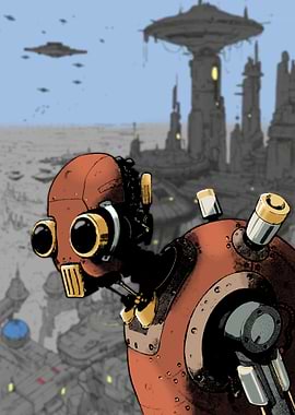 Retro Robot in Futuristic Cityscape