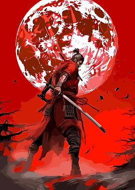 Red Samurai Warrior Under Blood Moon