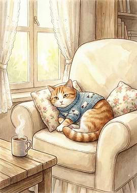 Cozy Cat in Armchair with Coffee
