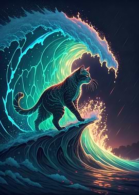 Cat Surfing on a Neon Wave