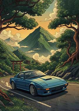Blue Car in Japanese Landscape