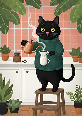 Black Cat Pouring Coffee Illustration