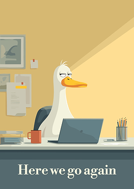 Tired Duck Cartoon Working on Laptop