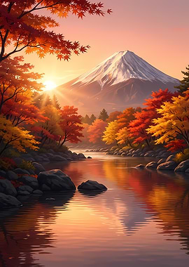 Autumn Mountain Landscape with River Reflection