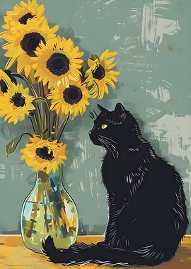 Black Cat and Sunflowers