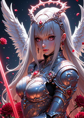 Anime Angel Warrior with Sword and Roses