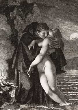 man in hooded cloak embracing and kissing a limp nude woman whose feet dangle in water
