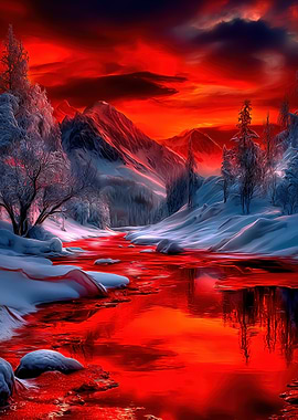 Crimson River in Snowy Mountains