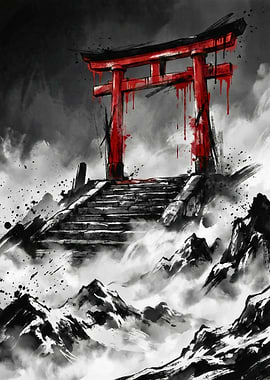 Red Torii Gate in Ink Landscape V2