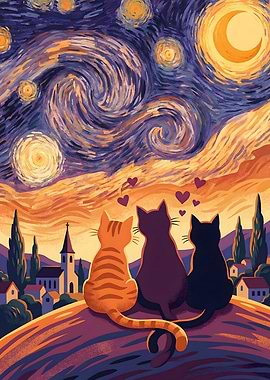 Three Cats Under Starry Night Sky In Love