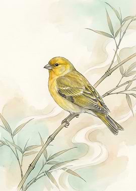 Yellow Bird on Bamboo Branch Painting