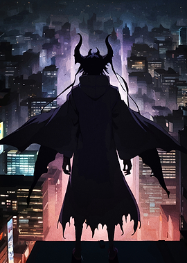 Horned Figure Overlooking Cityscape