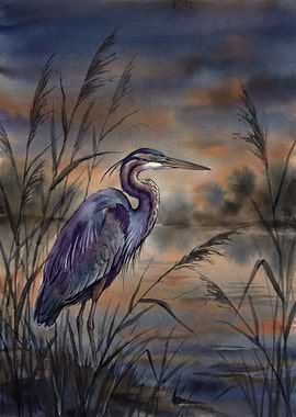 Watercolor Heron in Reeds at Dusk