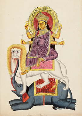 Durga Seated on Lion and Elephant.
