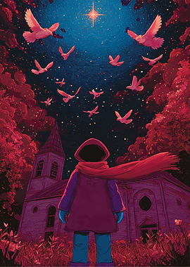 Hooded Figure, Church, and Doves