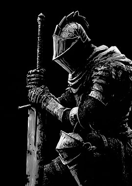 Monochrome Knight with Sword Illustration