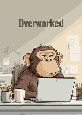 Overworked Monkey Cartoon at Desk