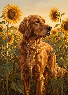 Golden Retriever in Sunflower Field