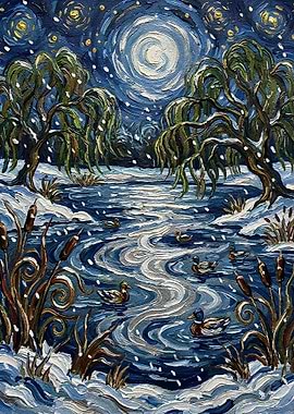 Winter Pond with Ducks Painting