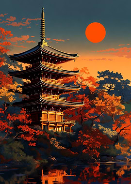 Japanese Pagoda at Sunset