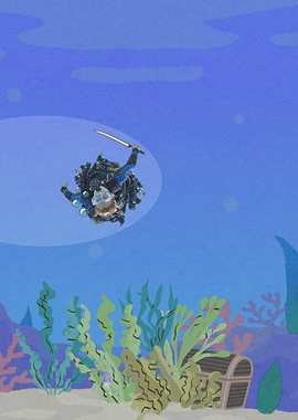 Underwater Diver with Sword and Treasure