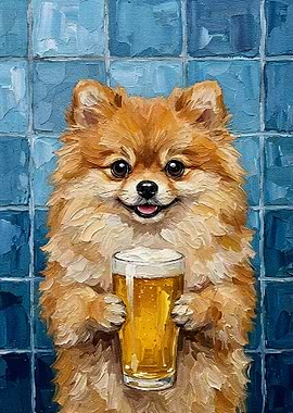 Pomeranian Dog with Beer Painting