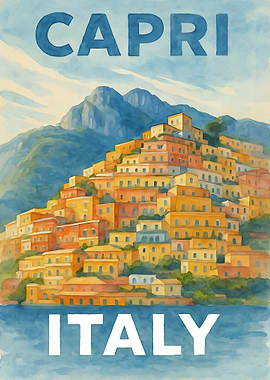 Capri Italy Aquarel Travel Poster Hillside View
